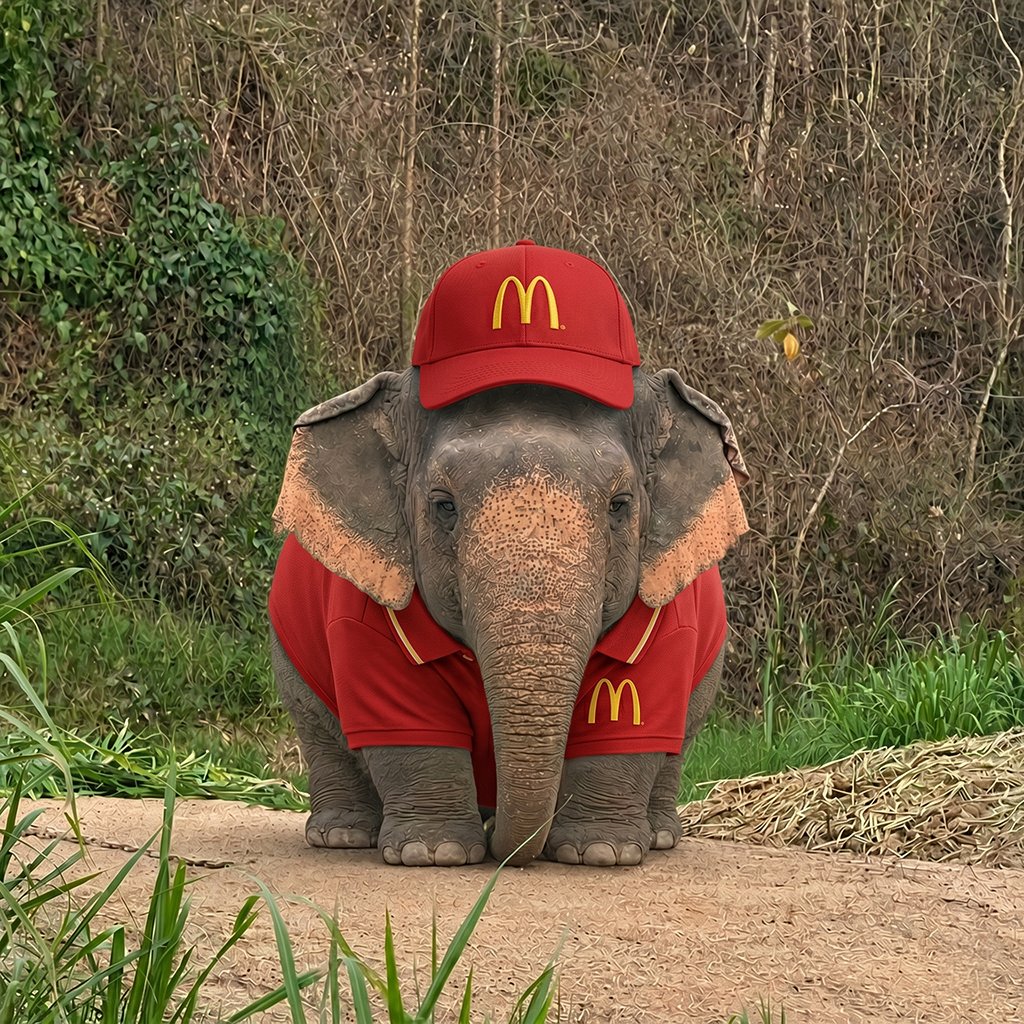 Chubby elephant in a red fast food outfit
