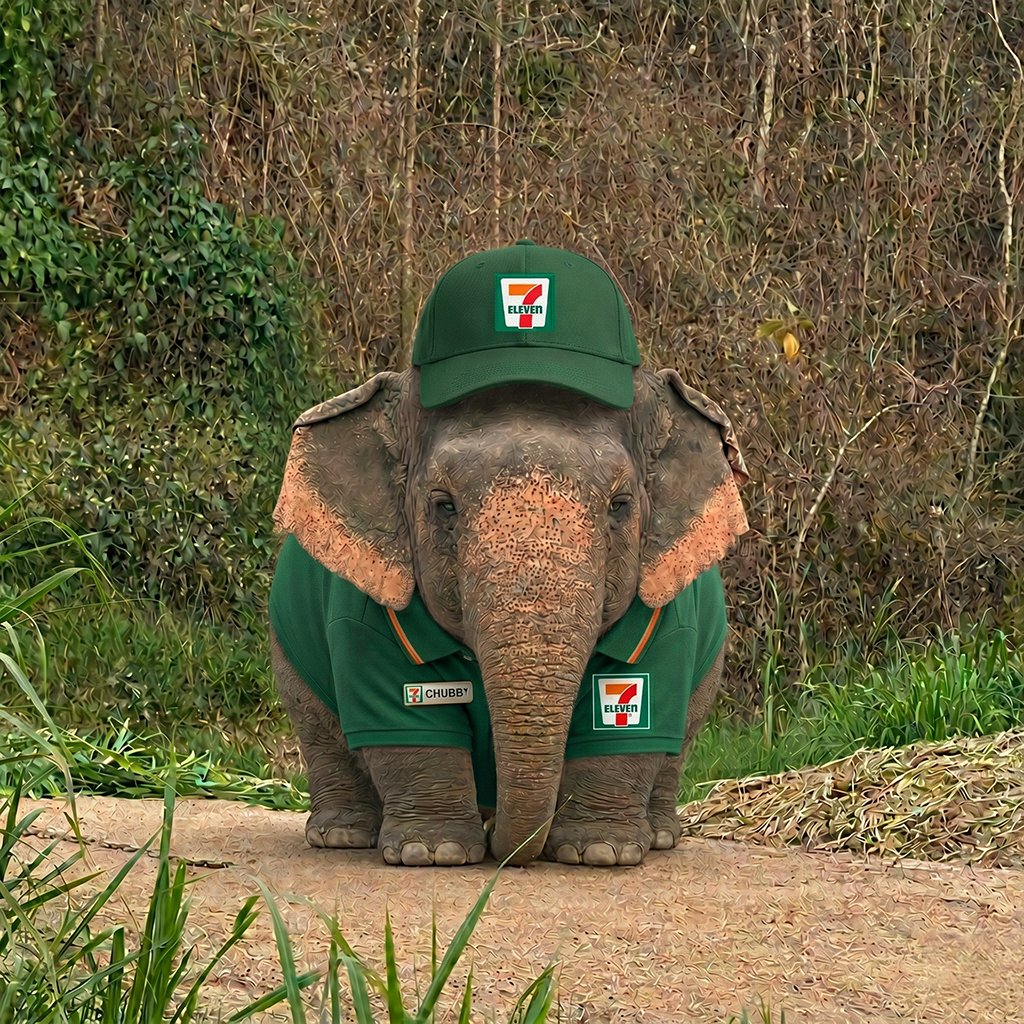 Chubby elephant in a green convenience store outfit