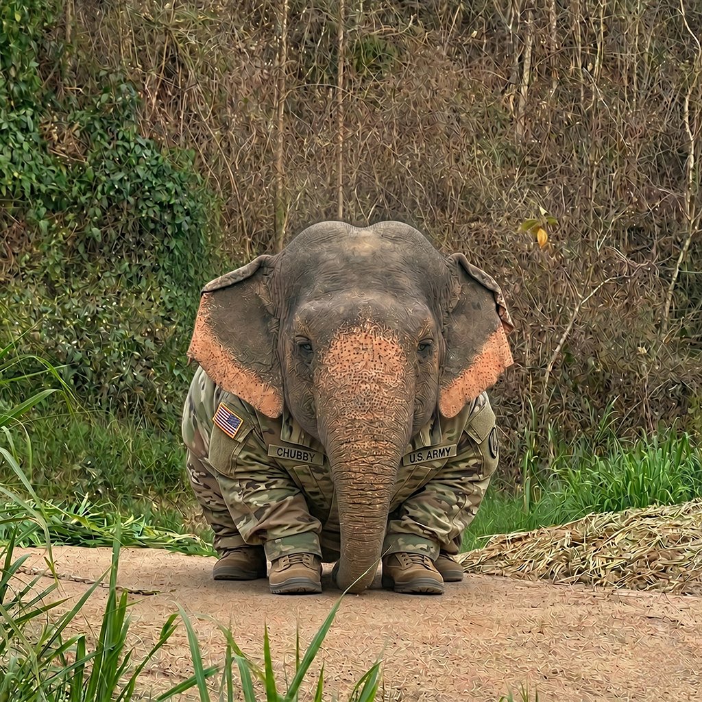 Chubby elephant in military uniform