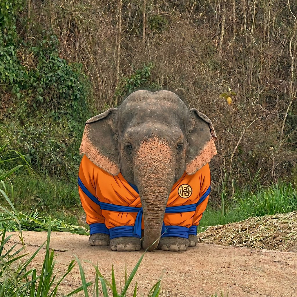 Chubby elephant in orange anime outfit